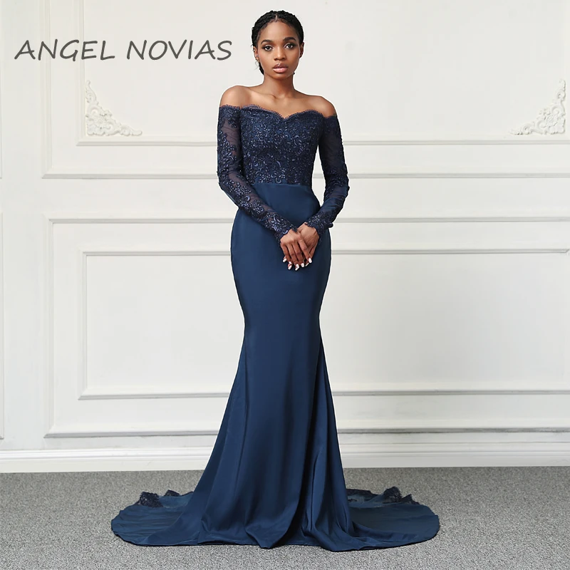 Long Sleeves Navy Blue Mermaid Bridesmaid Dresses Wedding Party Sepcial Occasion Prom Evening Dresses