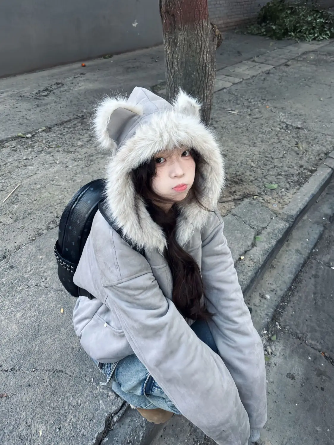 

Feline Hooded Puffer Jacket Cropped Suede Plush Coat Clean Fit Aesthetic Winter Cocooning Short Outerwear Eunoia Fashion