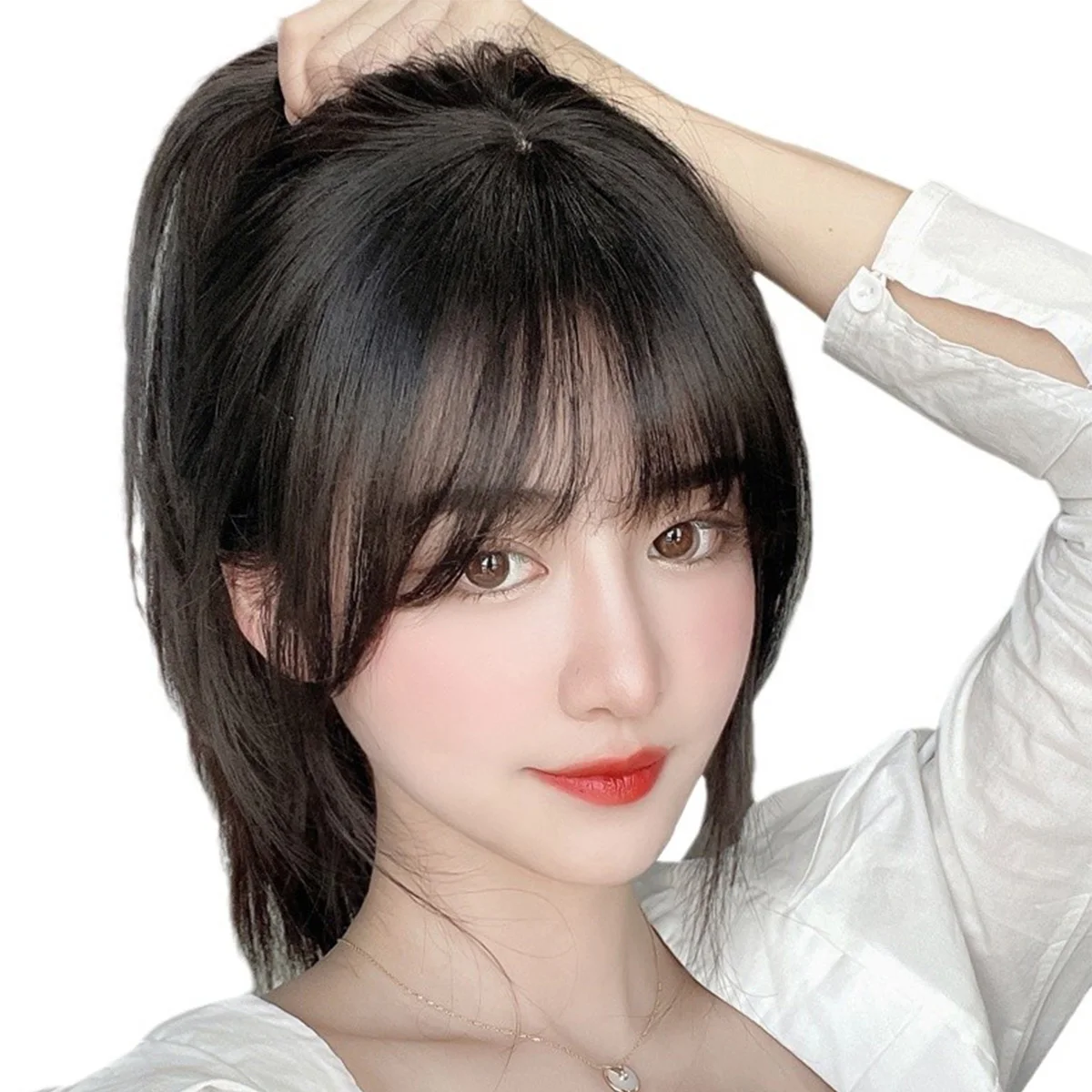 

Natural Curved 3D French Air Bangs Topper Wig, Synthetic Simulation Fake Bangs for Women