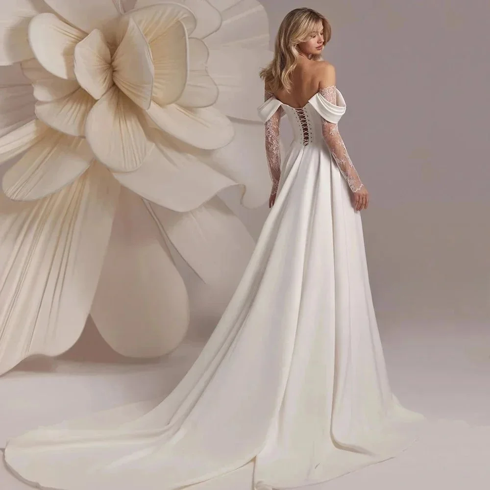 Kyoto Beige con spalle scoperte maniche lunghe in pizzo abito da sposa corsetto drappeggiato abiti da sposa corte strascico spacco laterale personalizzato formale