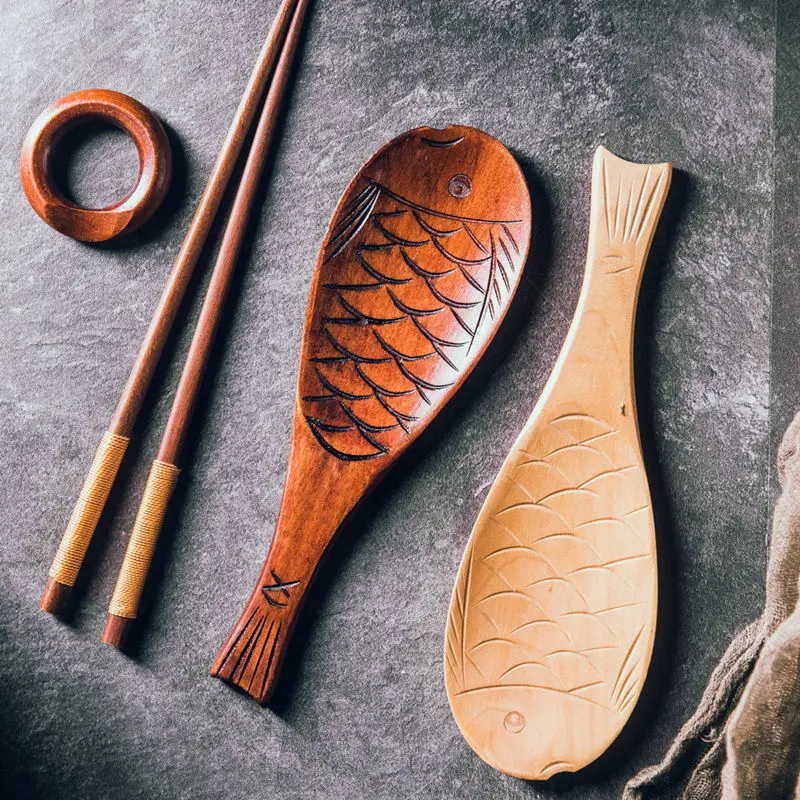 Retro Japanese Creative Fish Shape Rice Spoon Cute Nature Wooden Non-stick Rice Shovel Scoop Kitchen Cooking Utensils Supplies