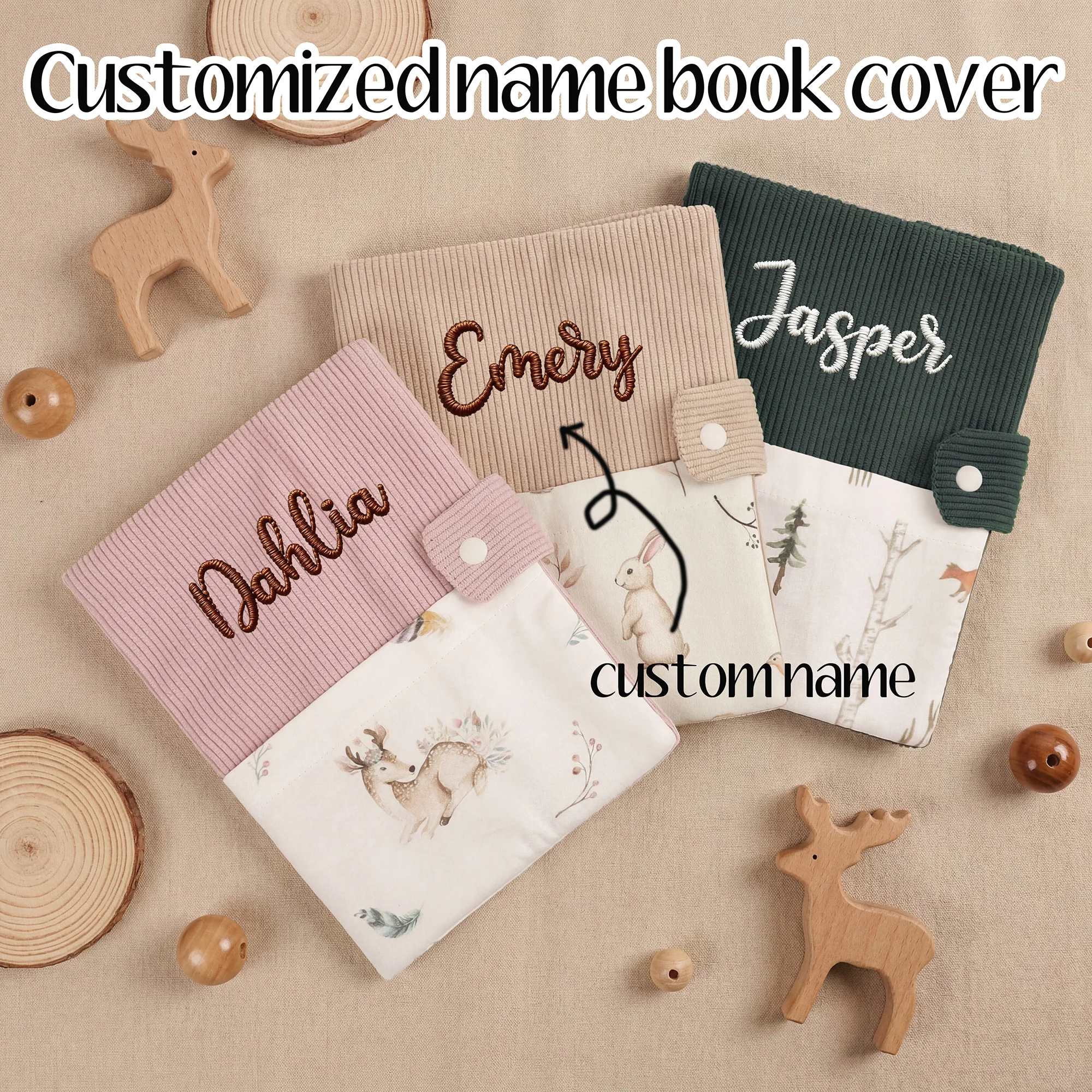 Couverture de livre pour bébé brodée personnalisée |   Housse de livre en velours côtelé personnalisée avec motif d'animaux de la forêt |   Cadeau souvenir pour nouveau-né