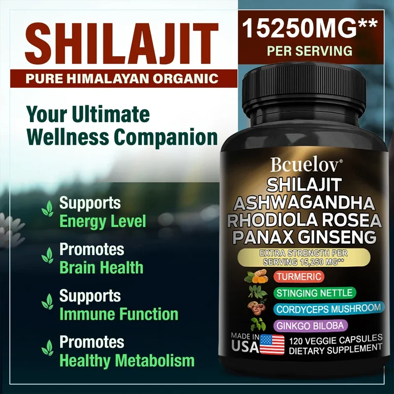 SHILAJIT-Cápsulas de Sal Marinho Orgânico, Melhora o Desempenho, Energia, Massa Muscular, Endurance, Suplemento Anti-Fadiga, 2 Frascos