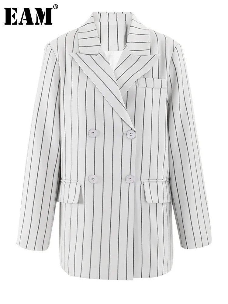 

[EAM] Women White Striped Casual Blazer Loose New Lapel Long Sleeve Loose Fit Jacket Fashion Tide Spring Autumn 2024 CP2341