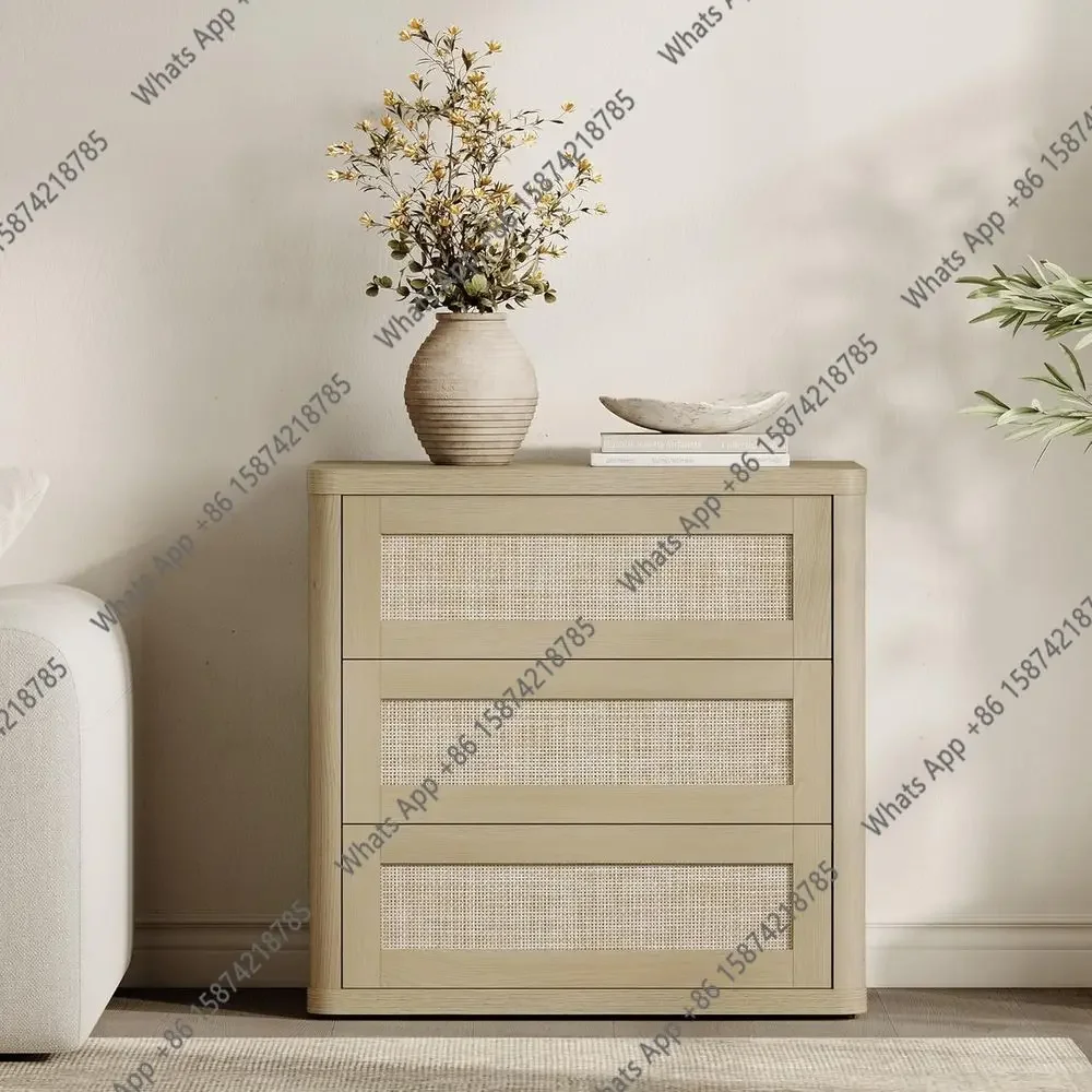NM AZ Sand Oak 2-Piece Rattan Nightstand Set with Oversized 3-Drawer Storage and Kid-Safe Rounded Corners for Bedroom