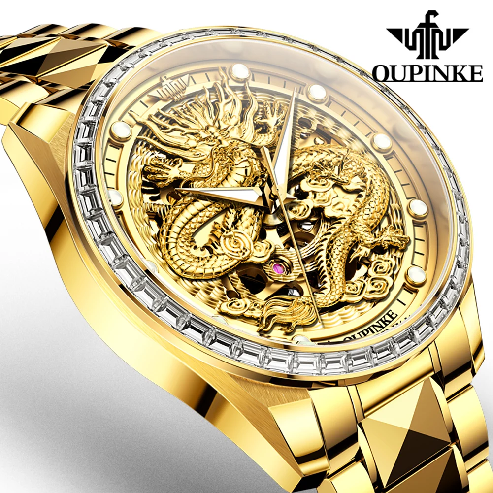 OUPINKE 3276 ساعة رجالية فاخرة أصلية مستوردة حركة ساعة ميكانيكية الماس ثلاثية الأبعاد التنين الذهبي الرجال ساعة أوتوماتيكية هدية Reloj