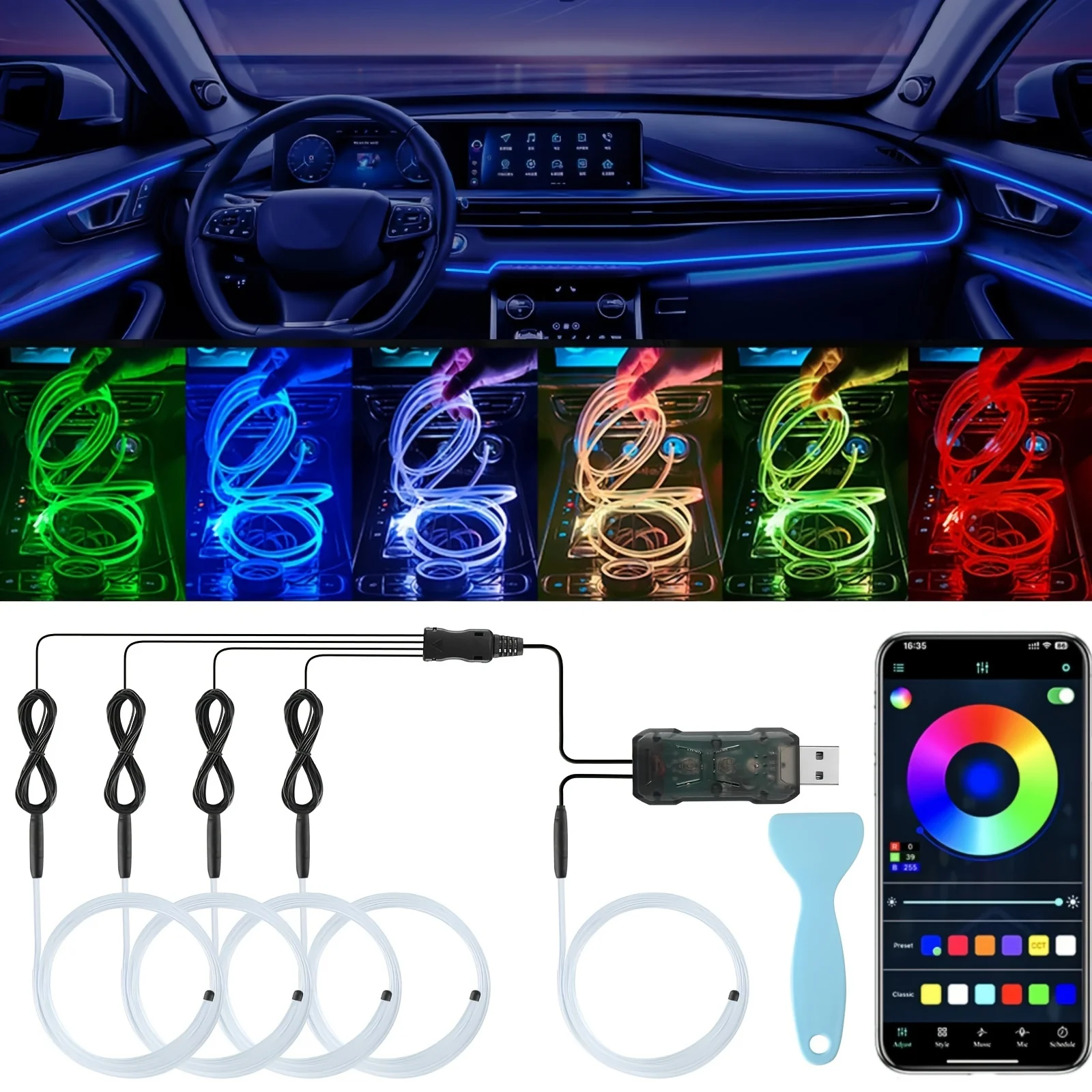 

Внутренние автомобильные неоновые акцентные огни Светодиодные ленты RGB 5 в 1, комплекты окружающего освещения Волоконно-оптические 8 цветов Автомобильный неоновый свет Синхронизация к музыке