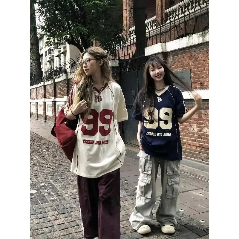 

2025 Hot Retro Loose Sports Plus Size T-shirt Striped Letter Print Oversized T-shirt Female Street Hip-hop Loose Casual Y2K Top