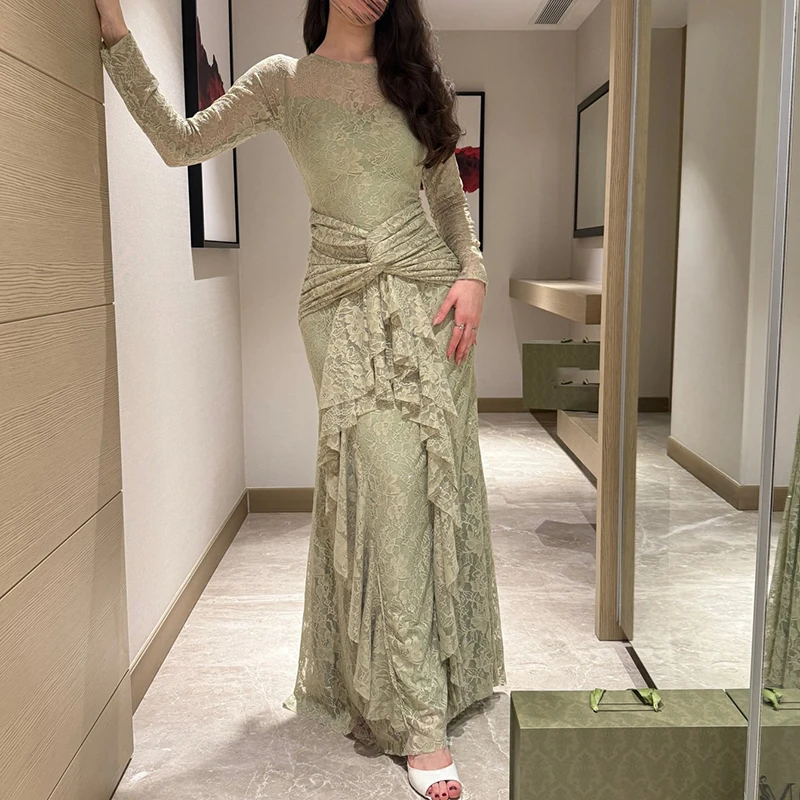 

Luxury Sexy Embroidery Lace Ruffle Maxi Dress Women Spring O Neck Tie-up Slim Bodycon Party Dress Long Sleeve Solid Boho Dresses