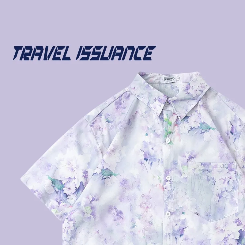 Summer Purple Garden Floral Print Loose Short Sleeve Shirt Vintage Travel Issuance Men's Casual Sharp Collar Daily Wear