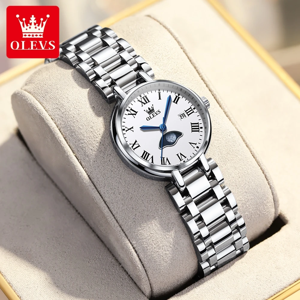 OLEVS Women's Watches Quartz Watch for Women Fashion Wristwatch Roman Number Stainless Stee Strap Waterproof Date Moon 5573