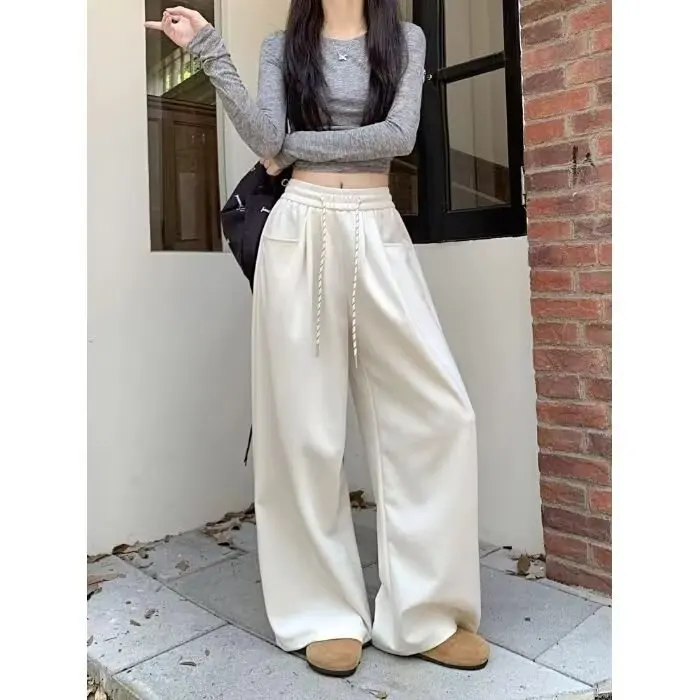 Calças fenas estilo coreano com cordão solto, casual, crimento até o chão, primavera outono, esportes, cintura alta, s...