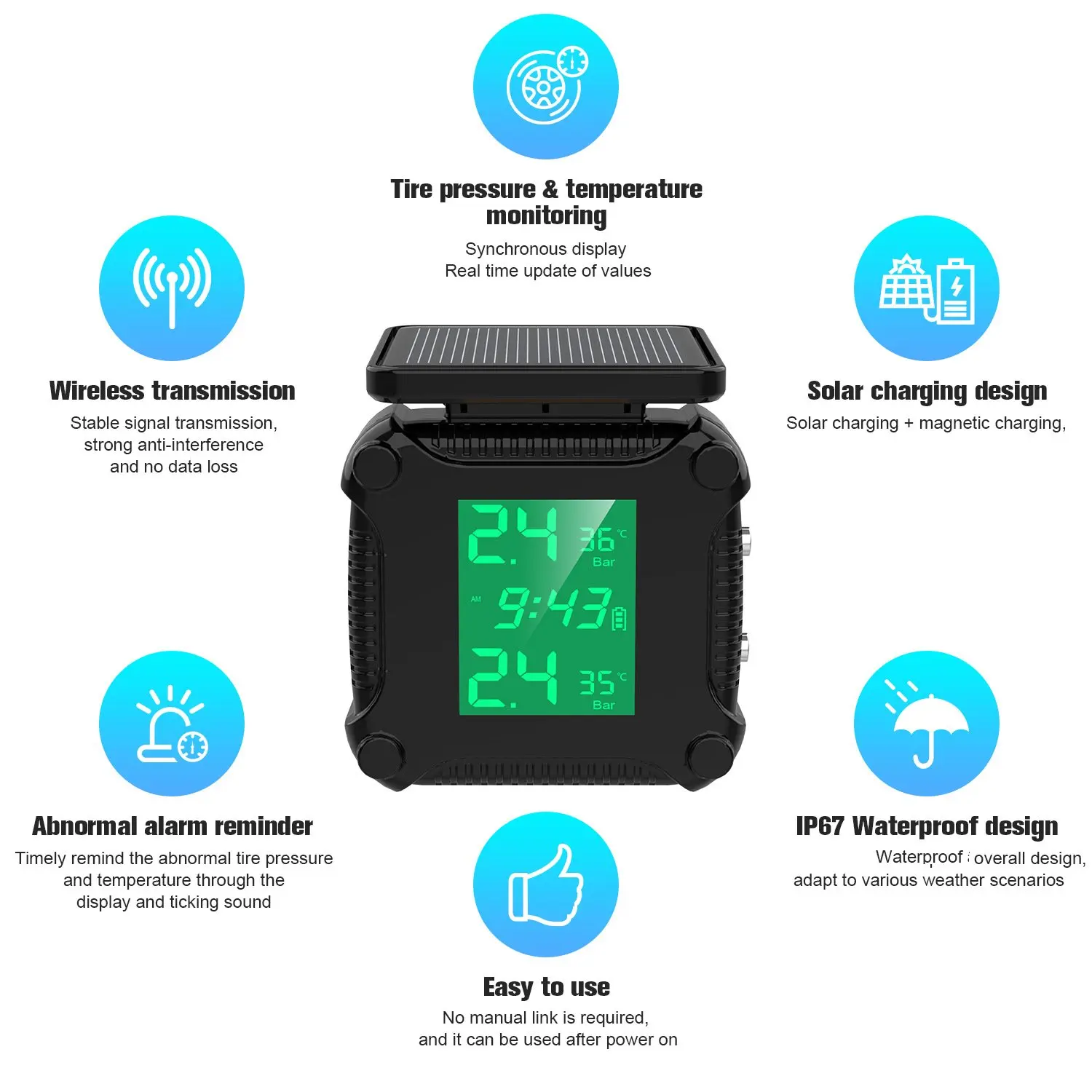 Solar-Powered Motorcycle Tire Pressure Monitoring System Equipped with 2 External Sensors and 1 LCD Display for Motorcycle Tire