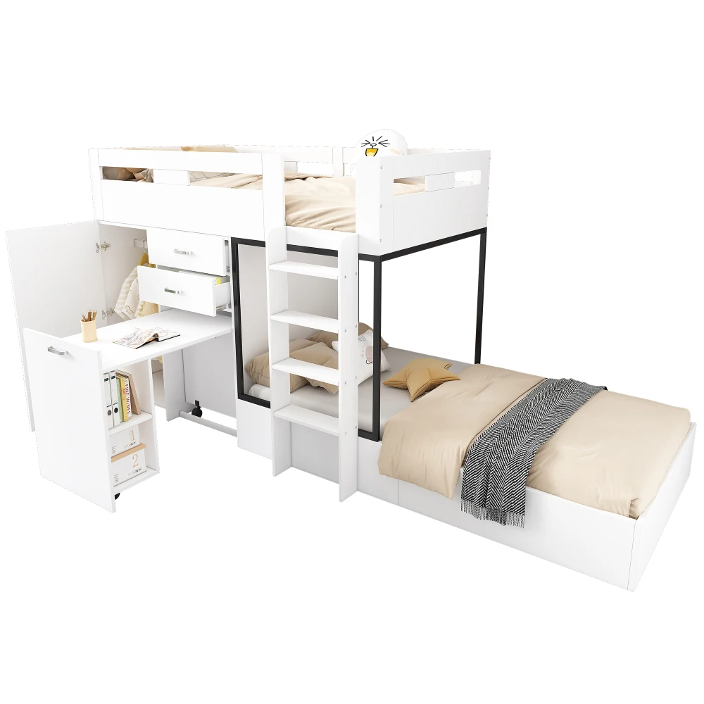 Etagenbett mit ausziehbarem Schreibtisch und Kleiderschrank, multifunktionales Kinderbett, mit Schubladen, Regalen und Leitern, ohne Matratze, 90 x 200 cm