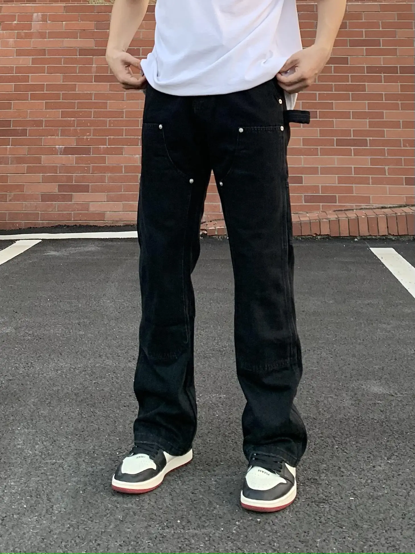 

Retro Waed American High Street Vibe Men's Loose Straight Leg Jeans Wood Cutting Casual Workwear Bla Long Trousers