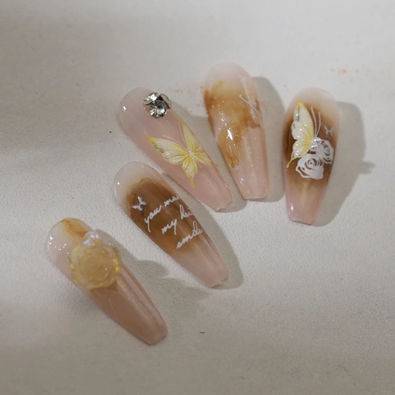 노란 나비 장미 꽃 레이스 점진적 날개 매력적인 로맨틱 젤리 동백 자기 접착제 네일 아트 스티커 매니큐어 데칼