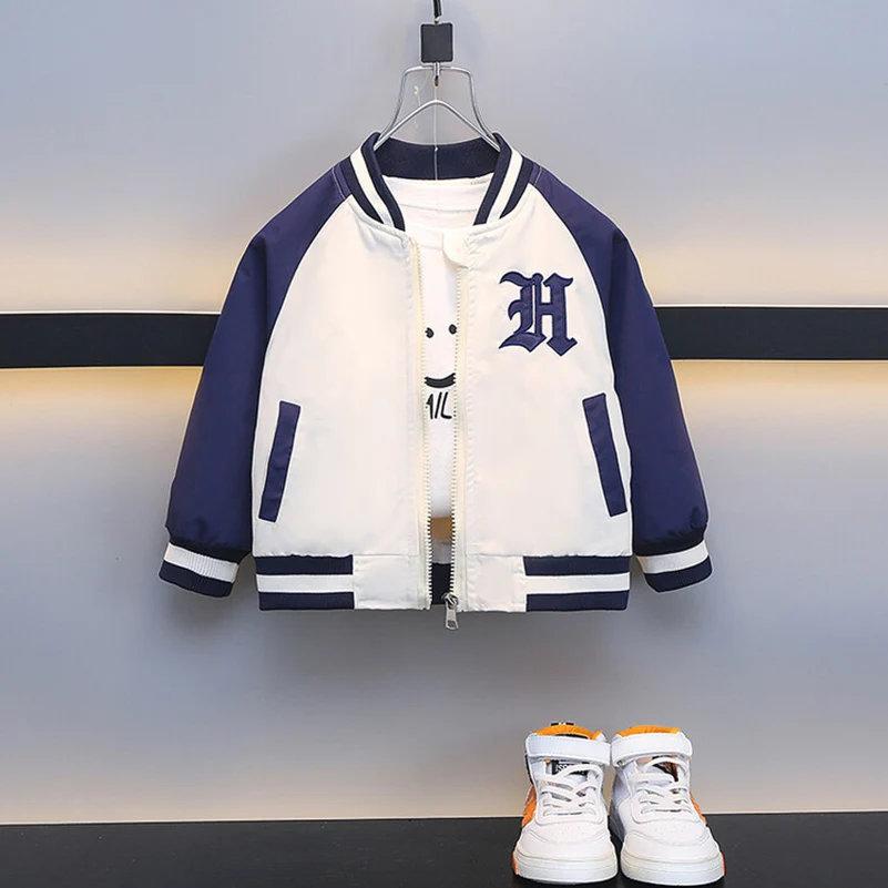 Spring and Autumn 2024 Boys Fashion Leisure Breathable Embroidered Letter H Baseball Coat 2-8 Years Old