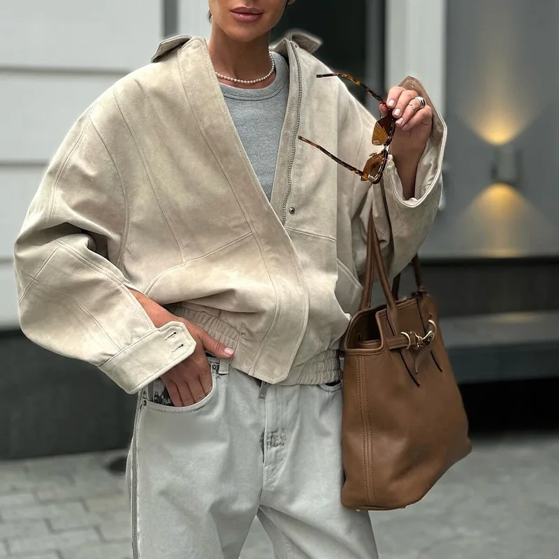 

Женское вязаное короткое пальто на молнии с лацканами, повседневный удобный универсальный кардиган в европейском и американском стиле