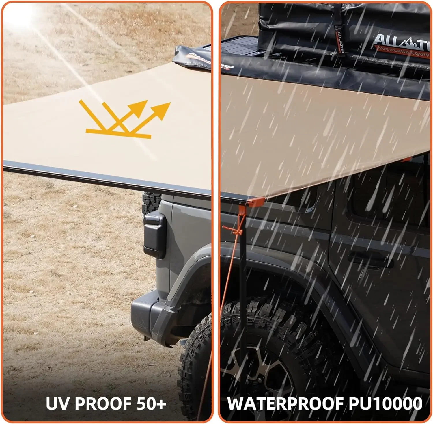 차량 천막 루프 랙 풀아웃 선 쉐이드, UV50 +, 캠핑 및 오버랜드용 비바람에 견디는 4x4 측면 천막, 6.6x8.2 인치