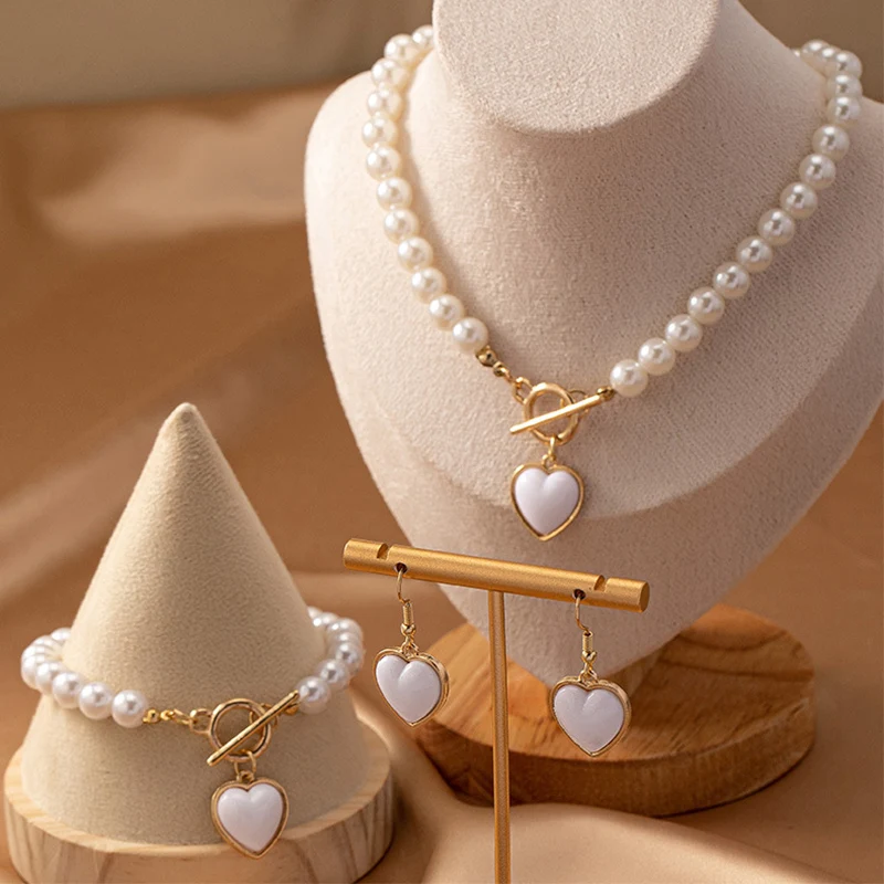 Red Heart Shape Pendant Necklace Earrings Bracelets Set for Women Imitation Pearl Elegant Luxury Quality Jewelry Wedding Gifts