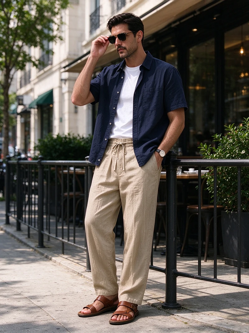 Men Linen Long Pants Drawstring Waist Loose Fit Solid Casual Daily Office Beach Vacation Outdoor Street Travel Everyday Wear