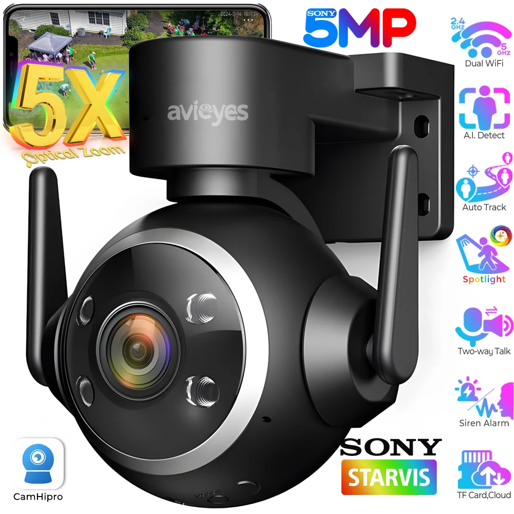 

5X Optical Zoom 5MP Outdoor PTZ Auto Tracking Security Camera with 2.4/5 Ghz WiFi 355° Pan & 90° Tilt Smart Surveillance Cameras