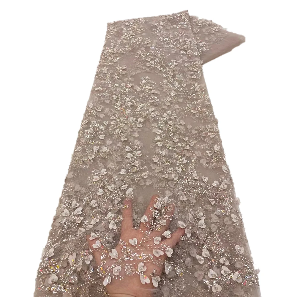 Newest Embroidery Beaded Lace Fabrics With Stones High Quality Mesh 5 Yards Fabric Luxury Beades Lace Sewing Wedding Dress Tulle