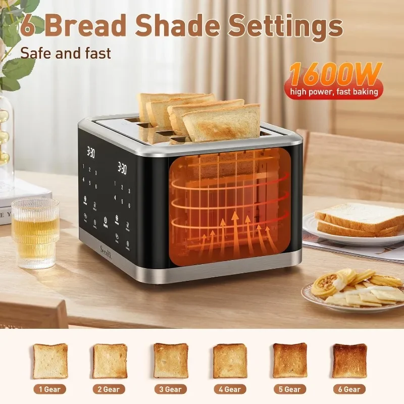 Secura Toaster 4-Slice TouchScreen, Toaster with Dual Control Panels of 6 Shade Settings, Digital Timer