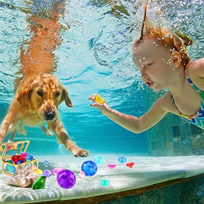 12Pcs Diving Gem Pool Toys Include Colorful Diamonds Set Dive Toy Treasure Chest Underwater Swimming Toy Gem Pirate Box