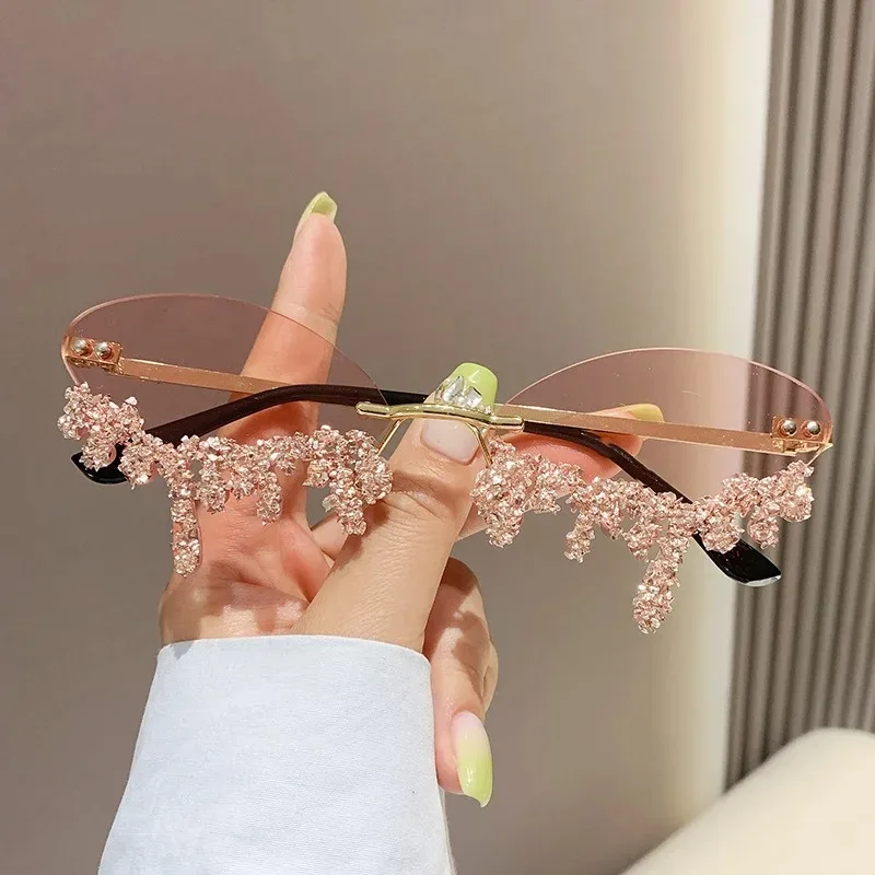 Diamant Randlose Sonnenbrille Damen Luxusmarke Strass Sonnenbrillen Sexy Tränenform Punk Party Eyewear Gafas De Sol – Detail 4
