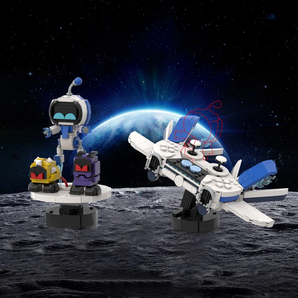 MOC Adventure Game Astro Bot Model Building Blocks Space Robot Handle Spaceship Astro Bot Monster Battle Scene Brick Toy Gift