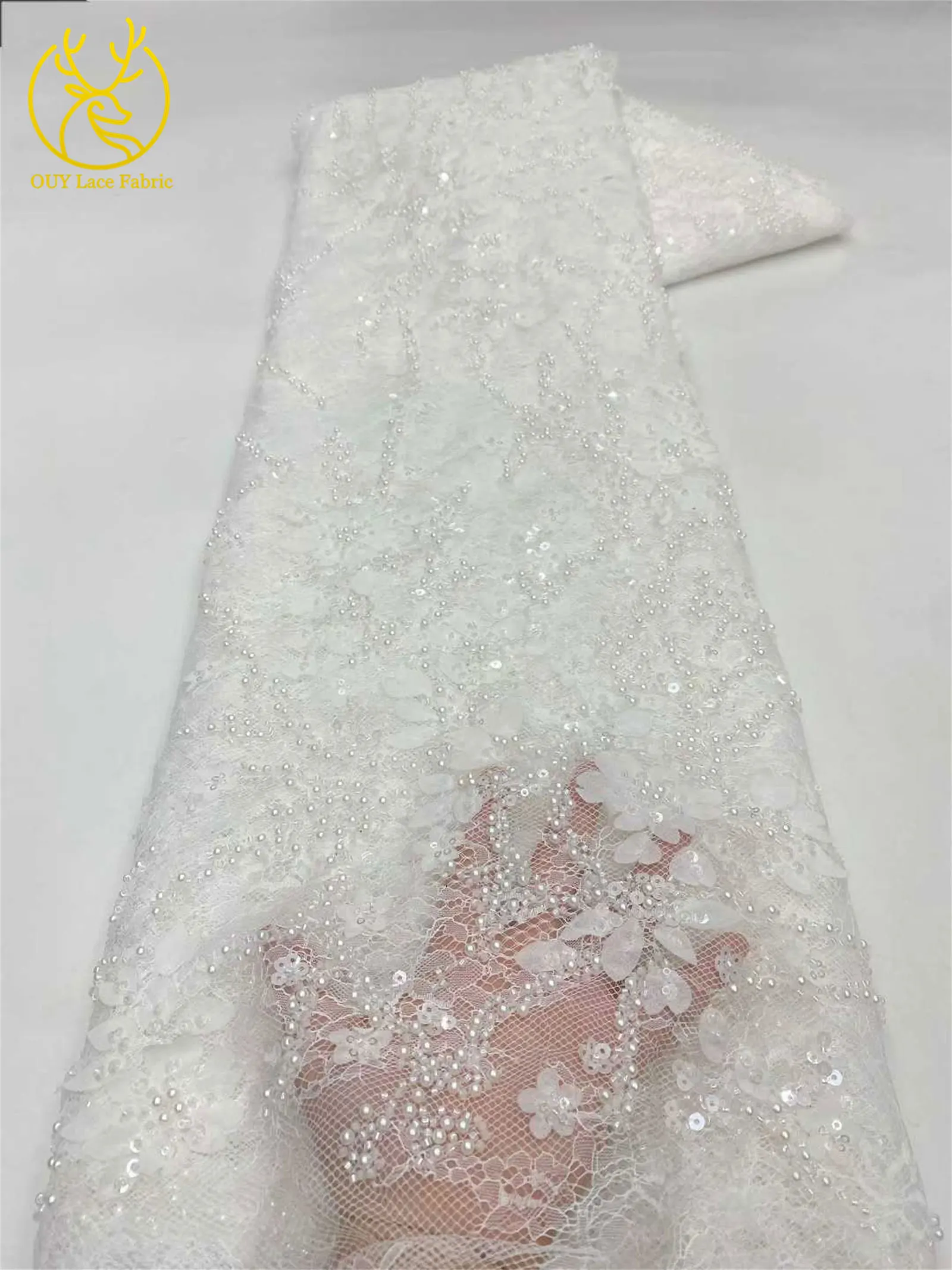 Afrikanischer nigerianischer Bräutigam-Perlen-Spitzenstoff 2026, französisches Netz, 3D-Applikation, Pailletten-Spitzenstoff für Party, Hochzeit, Kleid, Nähen, 5 Yards – Detail 10