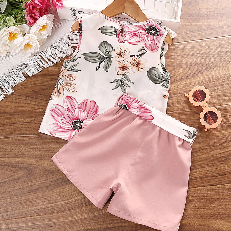 Baby Girl clothing suit summer floral print ruffled edge sleeveless top shorts 2-piece sweet children\'s clothing