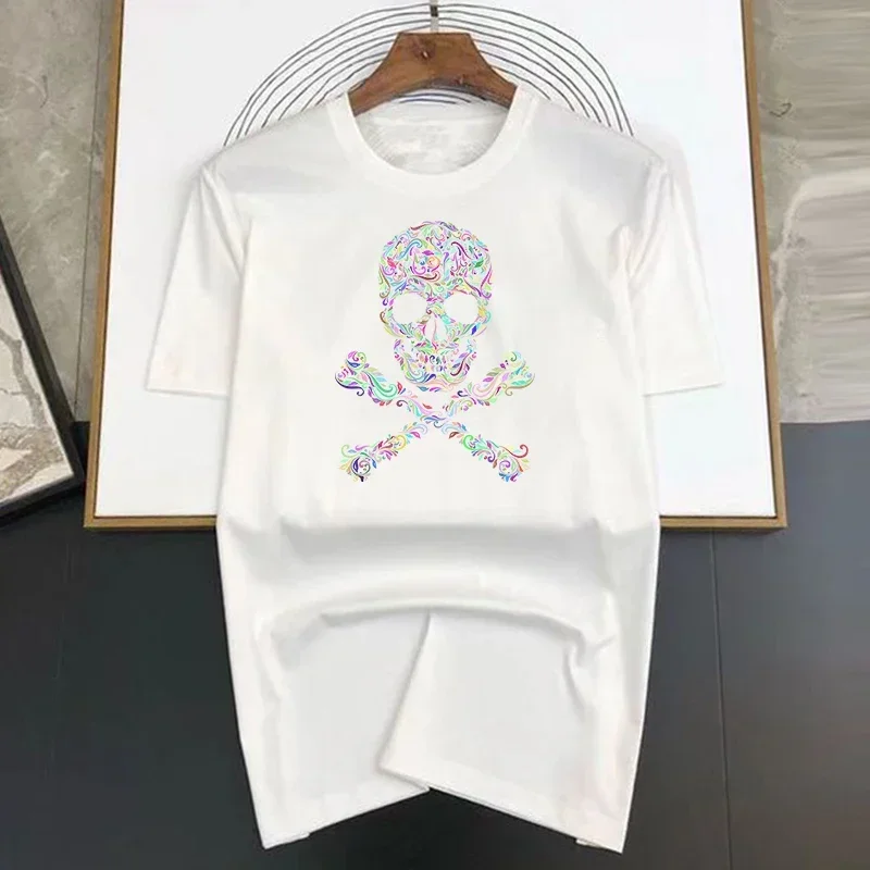 Men Cotton Short Sleeve Casual Tees Oversized Streetwear Black and White Shard Skull Print Summer High Quality T-shirt