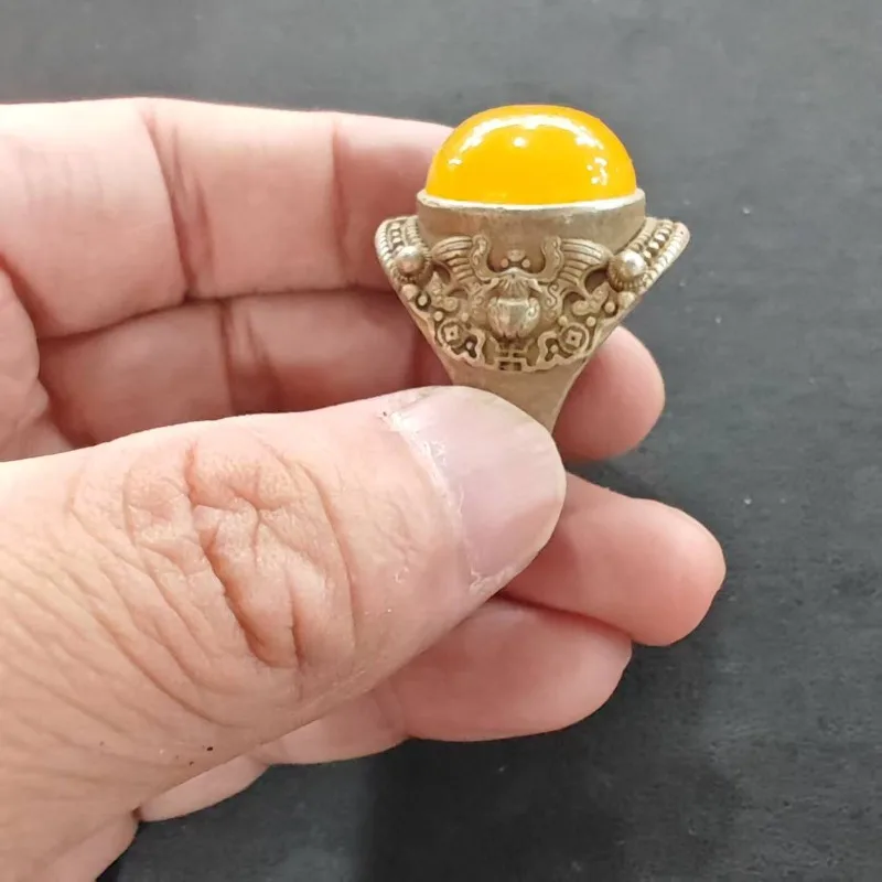 Antique Ethnic Beaded Border Round Imitation Amber Ring Unisex Vintage Carved Metal Band Tribal Statement Finger Jewelry for Men