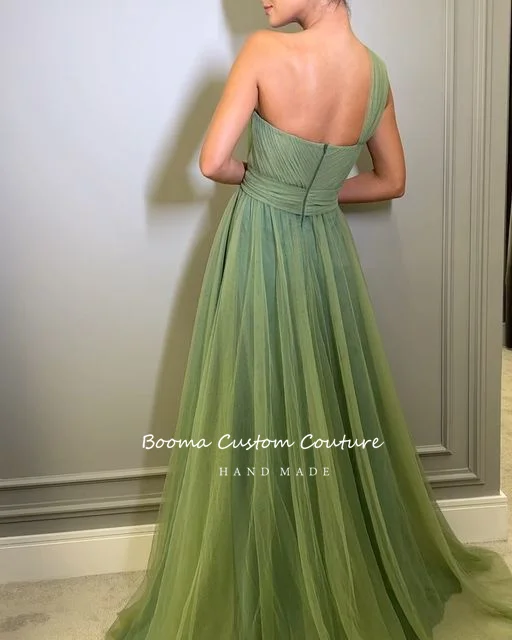 Booma-simples verde Tulle A-Line Prom Dresses, um ombro querida plissado Maxi Vestidos de noite, longos vestidos de festa formais