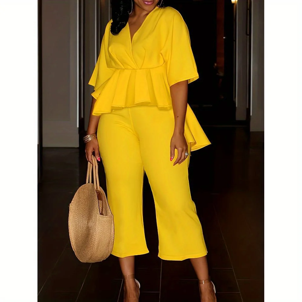 

Fashion Solid Color Half Sleeve V Neck Pleated Top Cropped Pants Set