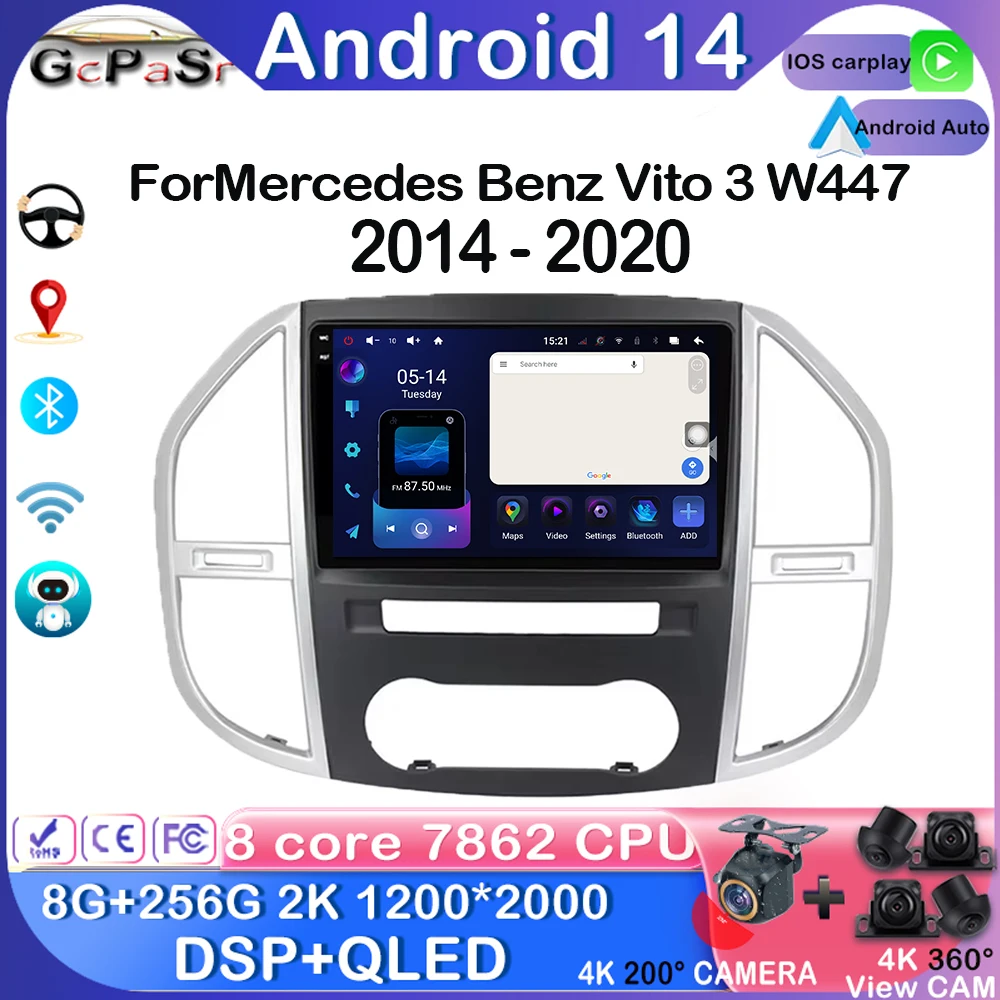 Wireless Android 14 Carplay For Mercedes Benz Vito 3 W447 2014-2020 Car Radio Multimedia Video Player GPS 5G Wifi Touch Display