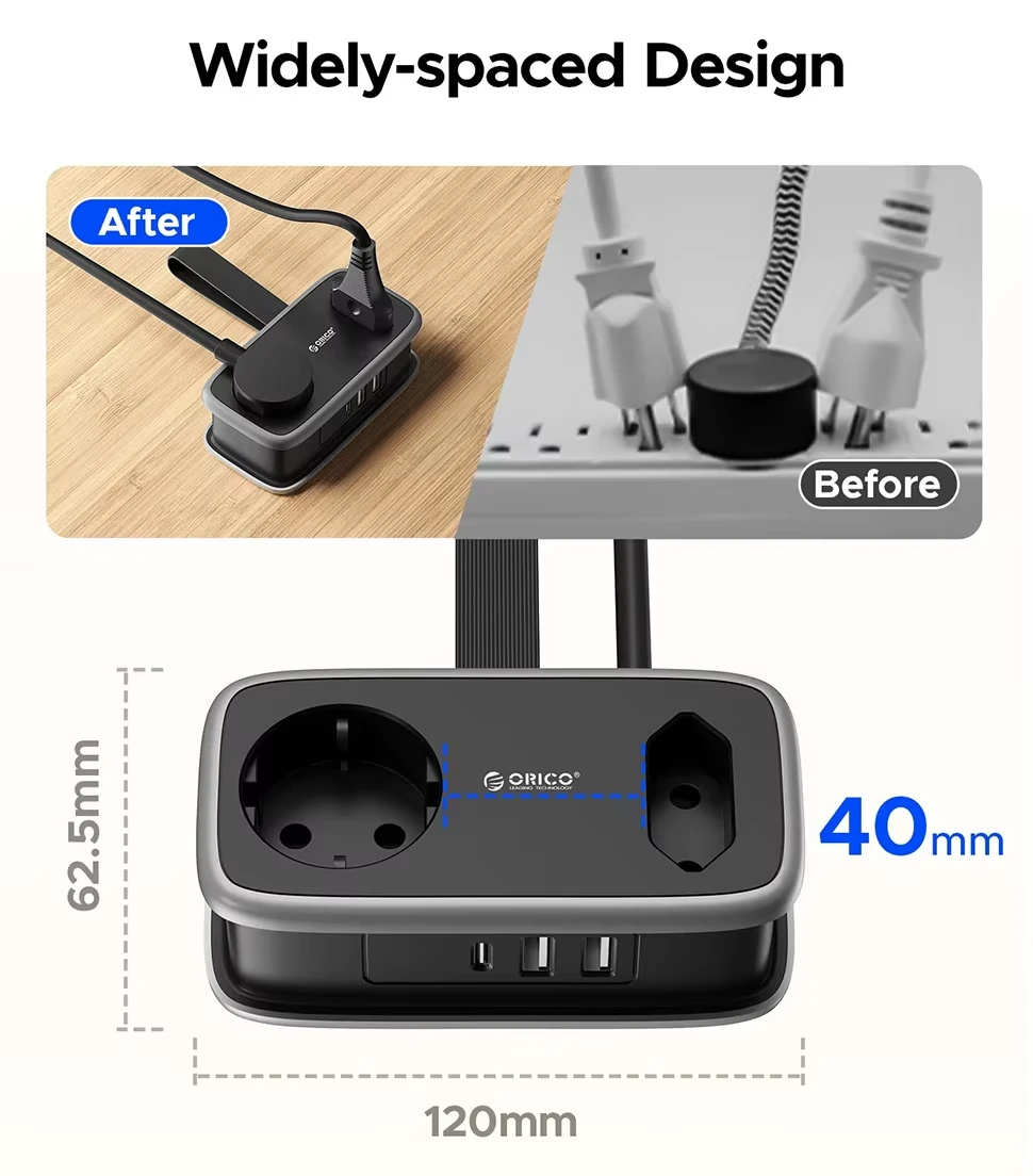 ORICO 5-in-1 Portable EU Power Strip Retractable Cord 2 AC Outlets 3 USB-A Ports Widely-Spaced Socket Travel Extension Socket Mu