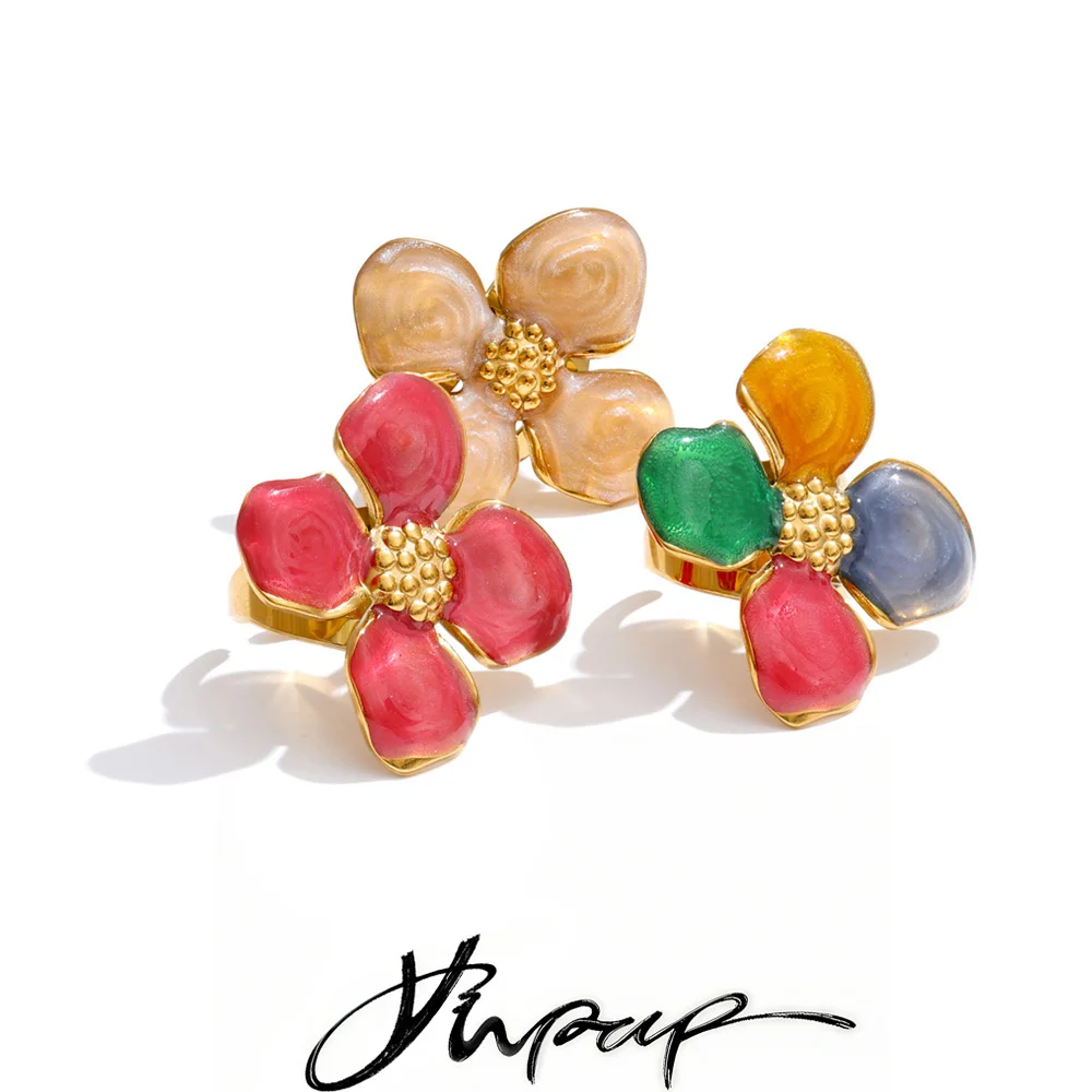 Yhpup Anel ajustável aberto com pingente de pétala de flor de metal colorido para mulheres joias de dedo baratas da moda em aço inoxidável
