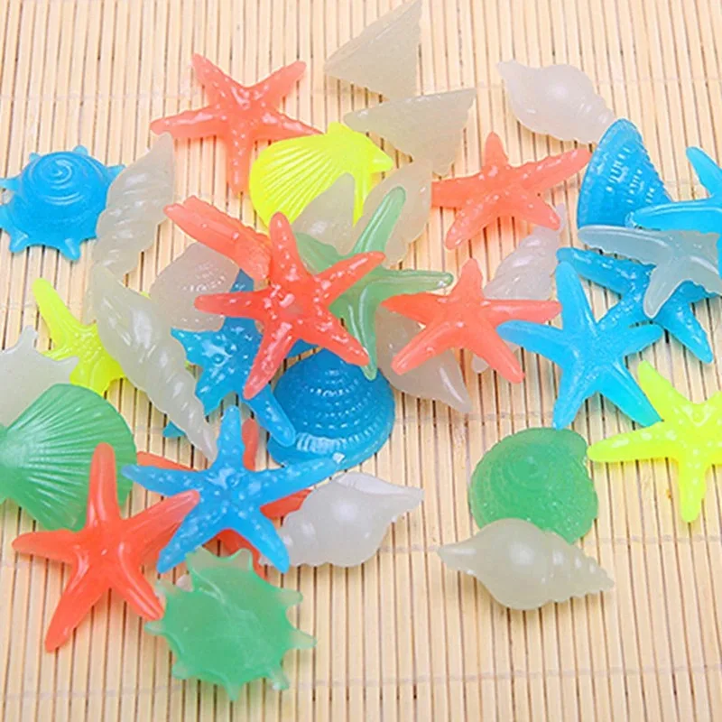 50pcs Luminous Stones Colorful Shells Starfish Conch Shaped Luminescent Stone Fluorescent Pebbles Fish Tank Aquarium Decorations