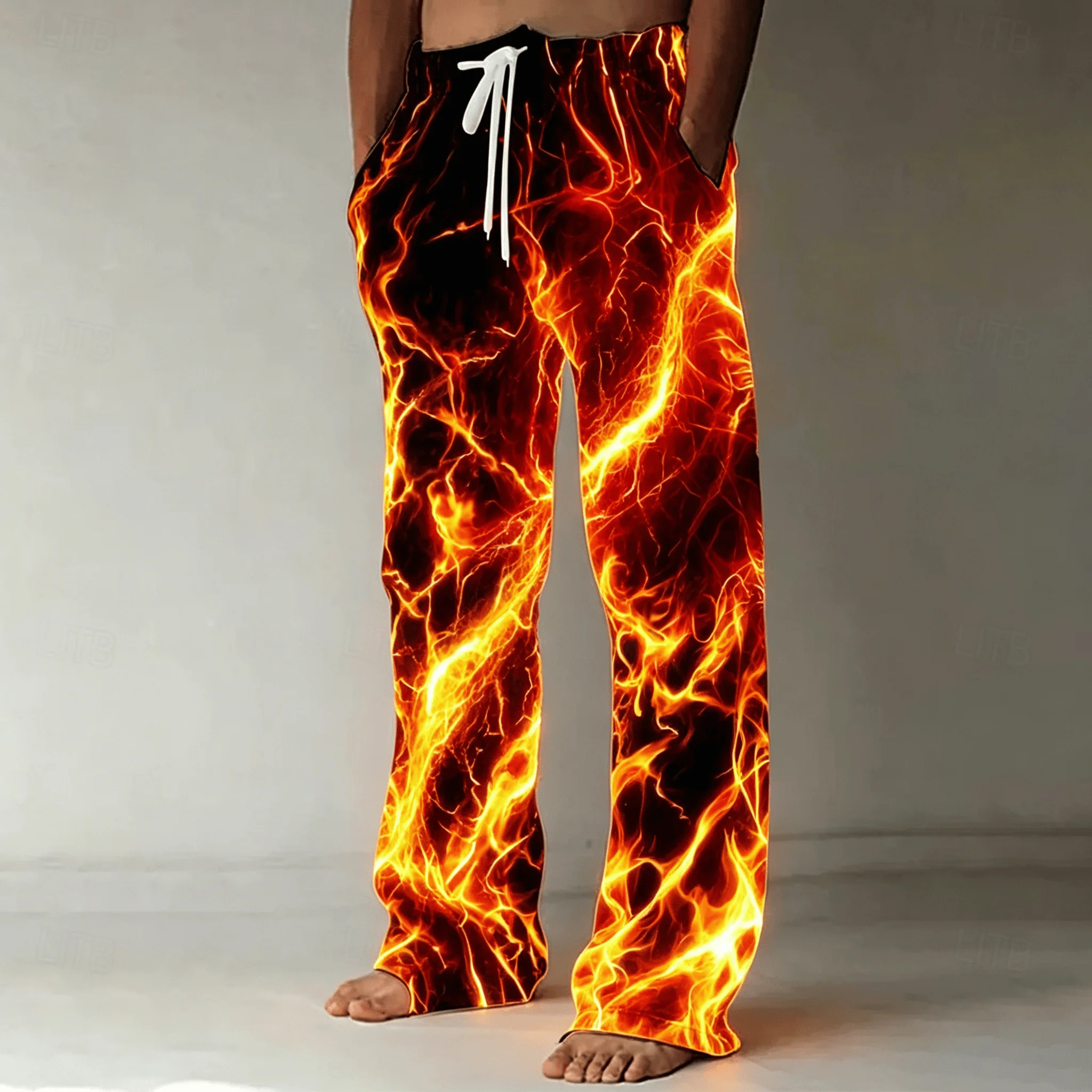 

Men's Fire Lightning Print Drawstring Pants, Casual Loose Wide-Leg Trousers for Spring & Summer Streetwear