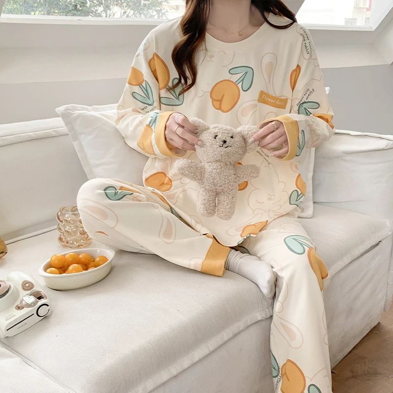 Conjuntos de pijamas para mujer, ropa de dormir juvenil con estampado elegante y cuello redondo, moda coreana, ropa de casa de otoño, pijamas populares clásicos holgados a la moda Ins