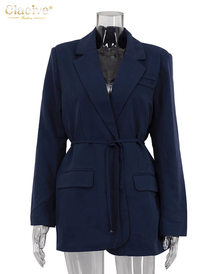 Clacive Mode lose blau Büro Frauen Blazer elegante Revers Langarm Blazer lässig klassische Schnür-Top weibliche Kleidung