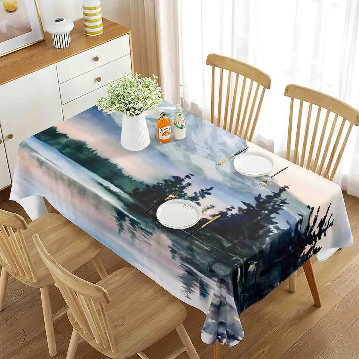 

Ink Landscape Painting Tablecloth Lake Tree Mountain Art Rectangle Table Cover for Kitchen Dining Room Coffee Table Decoration