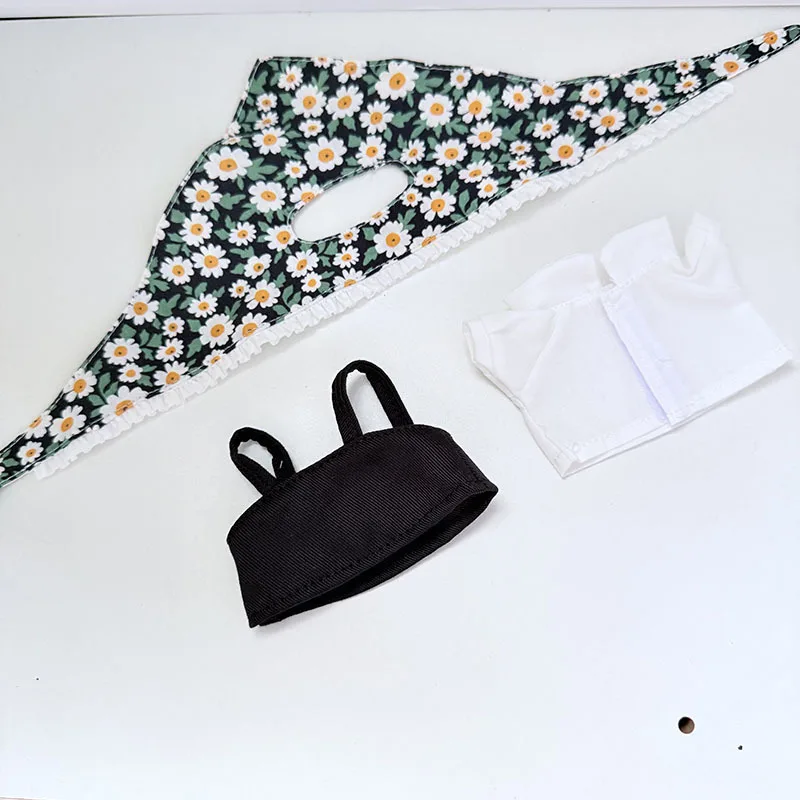 ลาบูบู 1st - 3rd Gen ชุดวินเทจลายดอกไม้ผ้าโพกศีรษะเดซี่และชุดเอี๊ยมสีดำสำหรับตุ๊กตาขนาด 15/17 ซม.