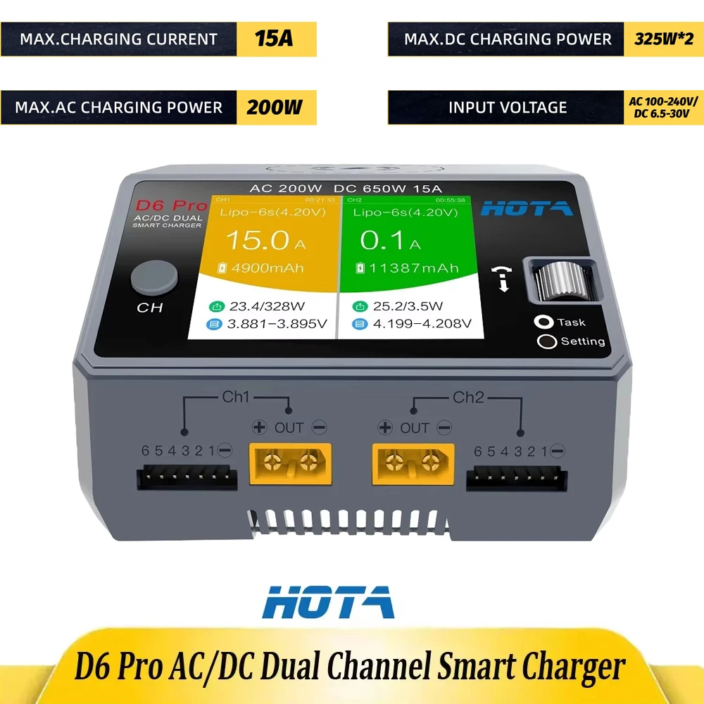 HOTA D6 Pro AC 200W DC 650W 15A D6 DC 2X325W 2X15A Charger With Wireless Charging for 1-6S Lipo LiHV/NiZn/Nicd/NiMH Battery