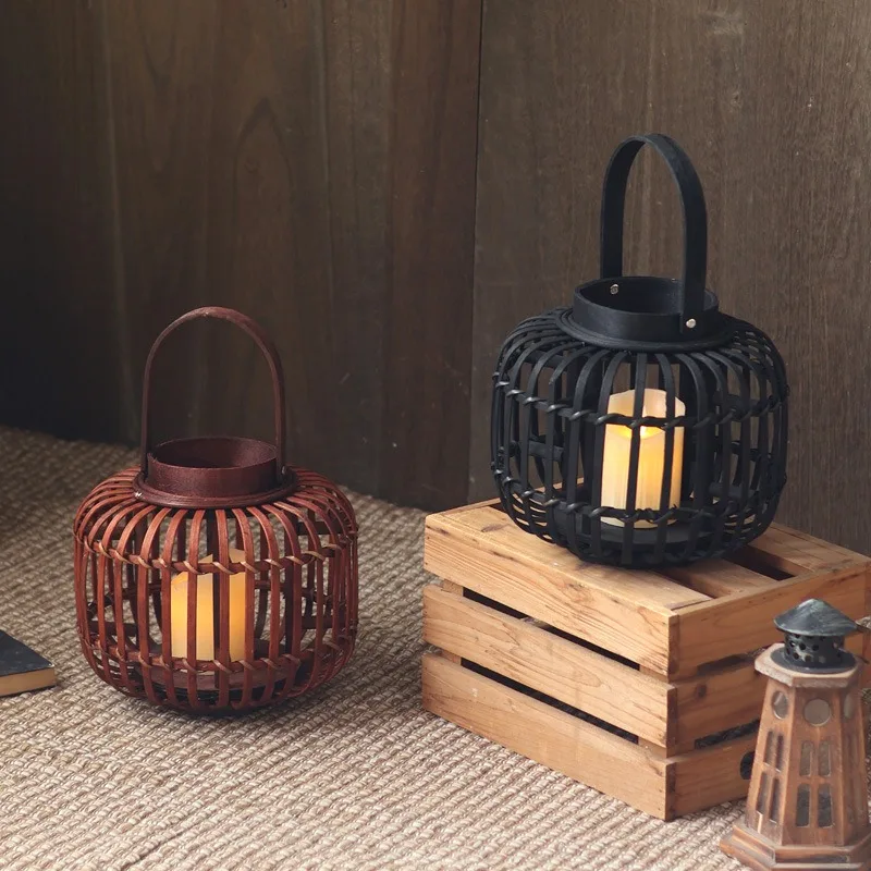 Bamboo portable wind lantern Home desktop romantic atmosphere light Cafe restaurant decoration candlestick Quaint style lantern