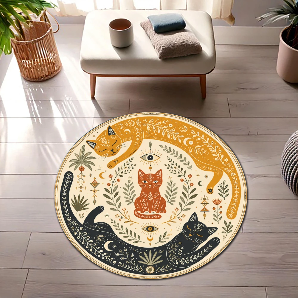 Boho Folk Mystic Three Cats All Seeing Eye Floral Moon print Round Rug,Living Room,Bedroom,Entryway Non Slip Rug Giftbox
