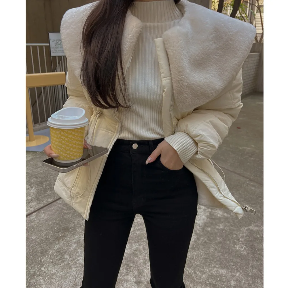 Dames katoenen Jaet bovenkleding Koreaanse Sle Chic herfst winter losse casual anti-aging grote kraag bont top